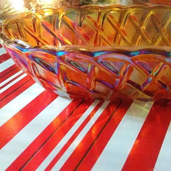 Vintage Carnival Iradescent Rainbow/ Orange Oval Glass Dish w/ Textured outside - Picture 2 of 8